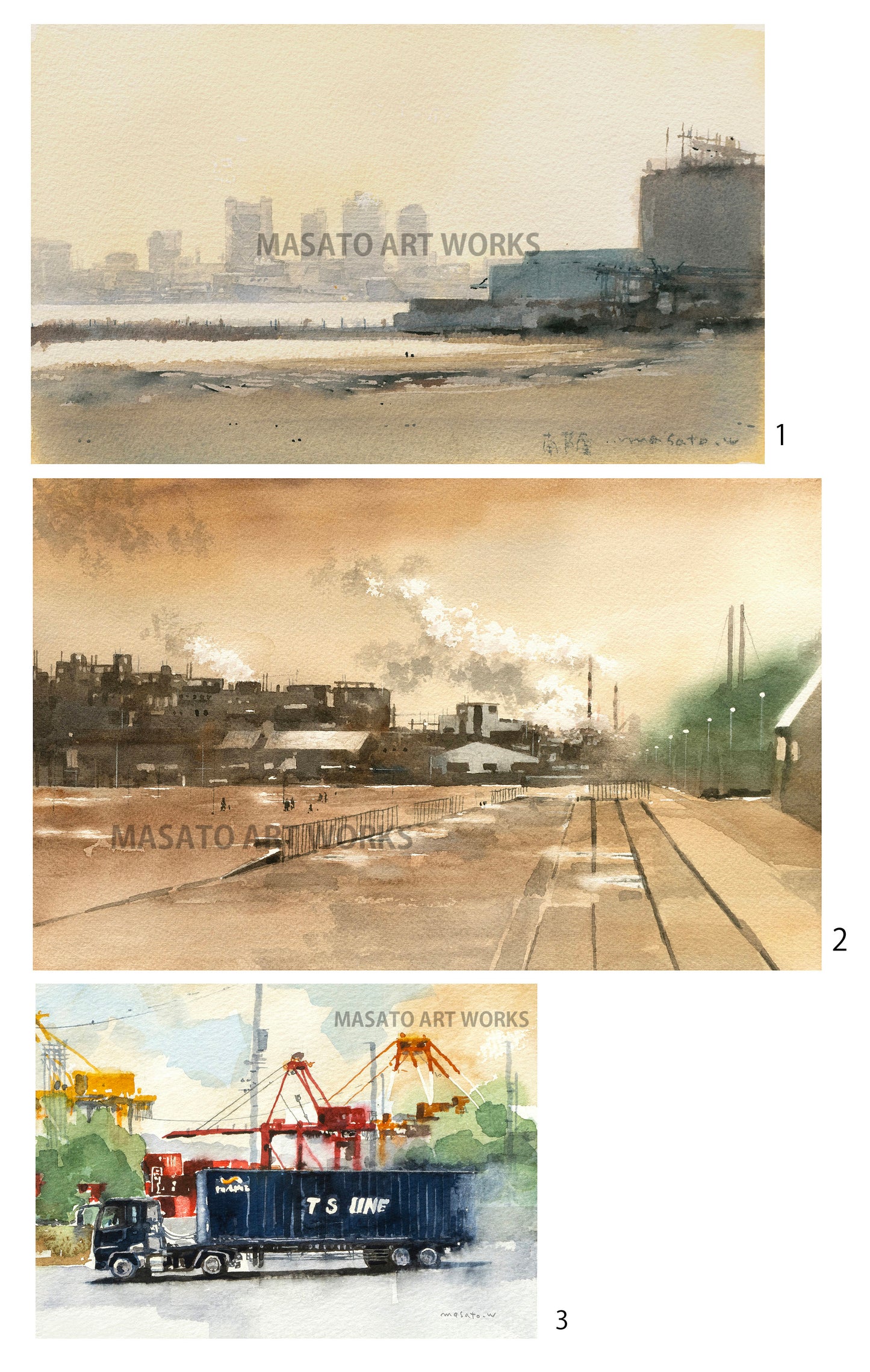 10.工場地帯とコンテナ埠頭・水彩スケッチ3点セット
