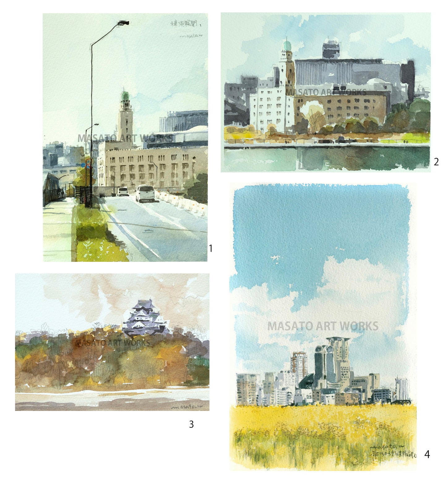 10. 横浜と大阪・水彩スケッチ4点セット