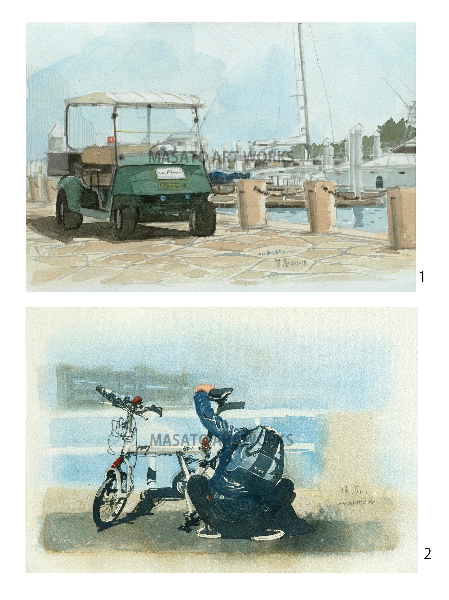 10. マリーナの風景・水彩スケッチ2点セット