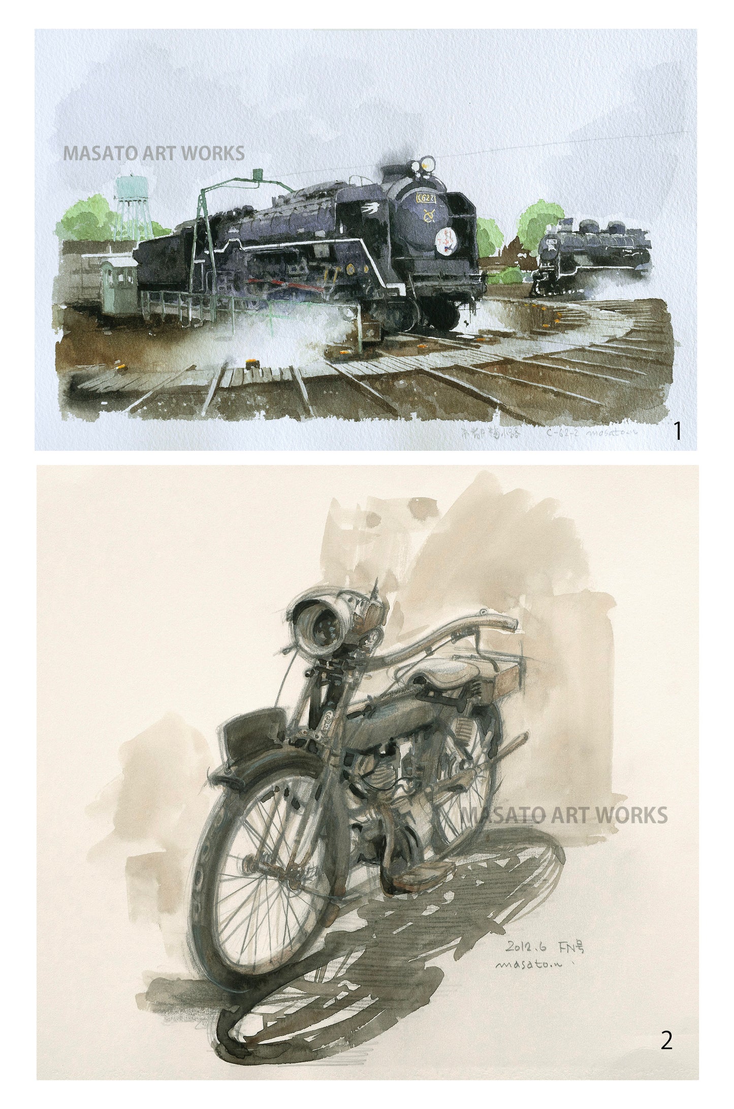 15. Conjunto de 2 acuarelas de locomotoras de vapor y vehículos antiguos.