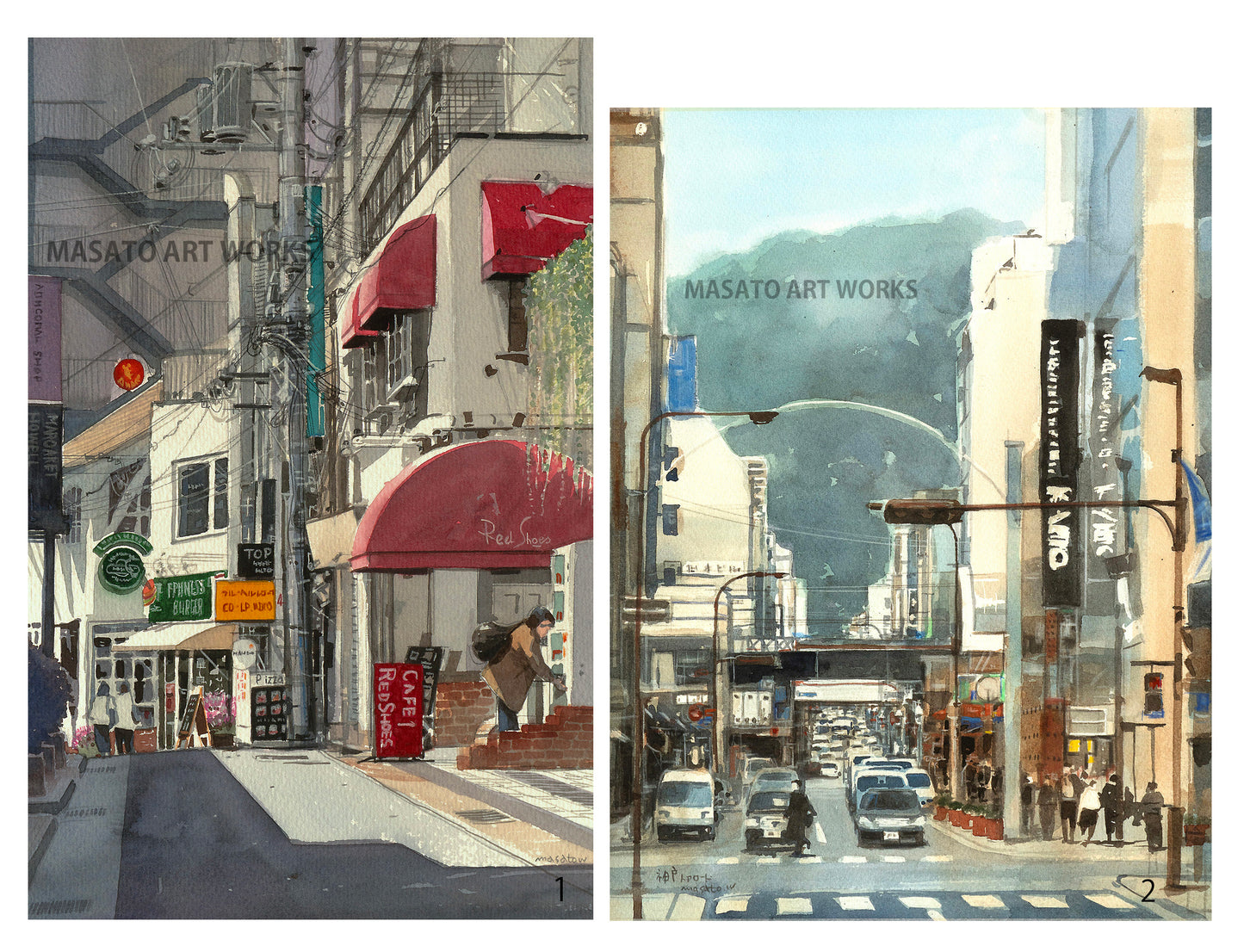 15. Conjunto de 2 acuarelas de la calle Tor Road y callejones de Kobe