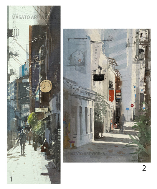 15. Conjunto de 2 acuarelas de un callejón cerca de Motomachi, Kobe