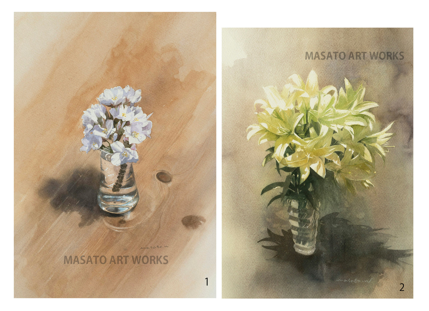 15. Conjunto de 2 acuarelas de flores y cristalería.