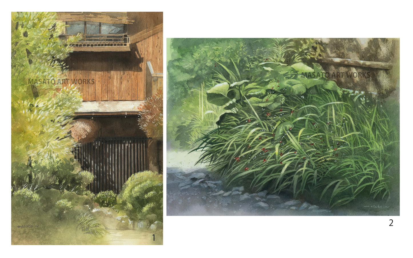 15. Conjunto de 2 pinturas de acuarela de paisaje de jardín japonés