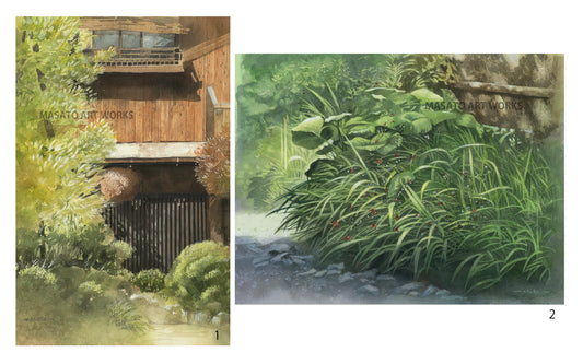 15. Conjunto de 2 pinturas de acuarela de paisaje de jardín japonés