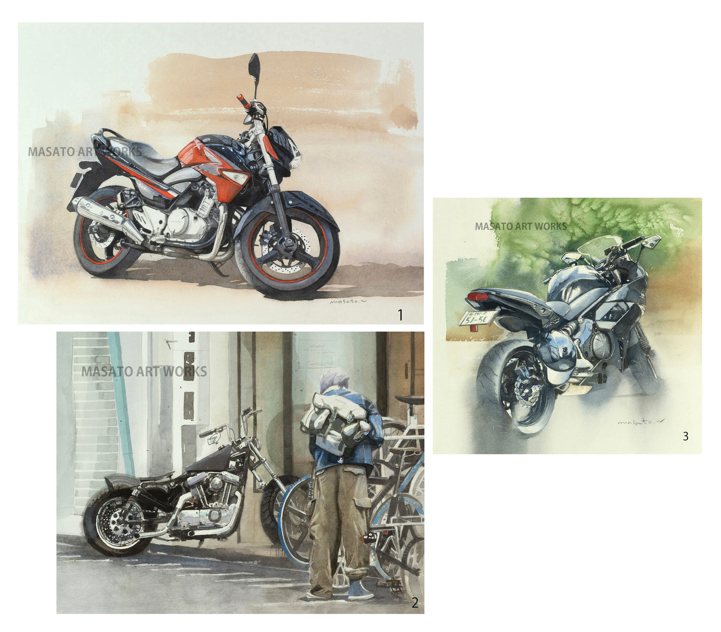 15.バイクの水彩画3点セット
