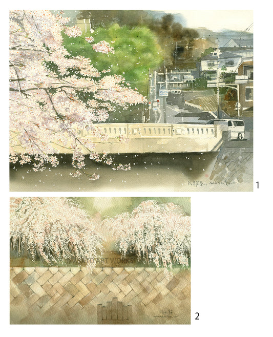 10. Ashiyagawa Cherry Blossoms, Weeping Cherry, Set of 2 Watercolor Paintings