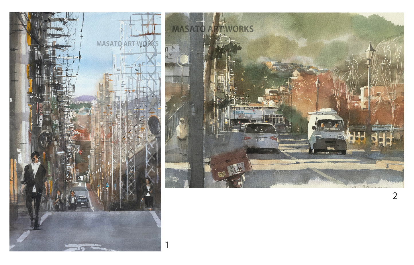 15. Set of 2 watercolor paintings of everyday landscapes