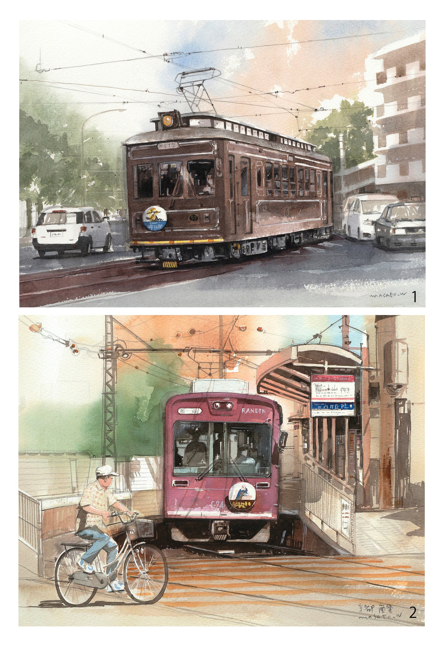 15. Town where the Arashiyama Railway runs - Set of 2 watercolor paintings