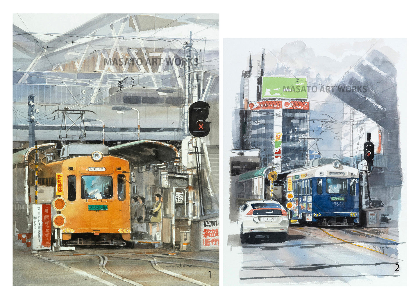 15. Set of 2 watercolor paintings of a tram station on a certain day