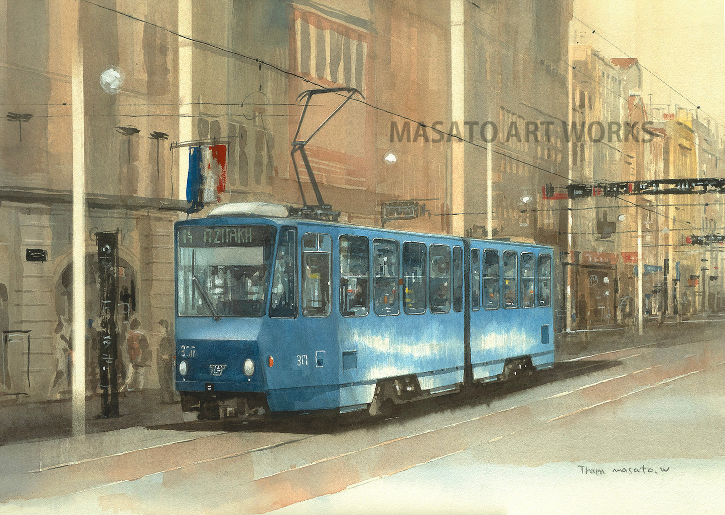 15. Blue Tram running through the city