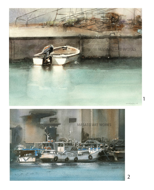 10. Set of 2 watercolor paintings of ships, boats, and docks