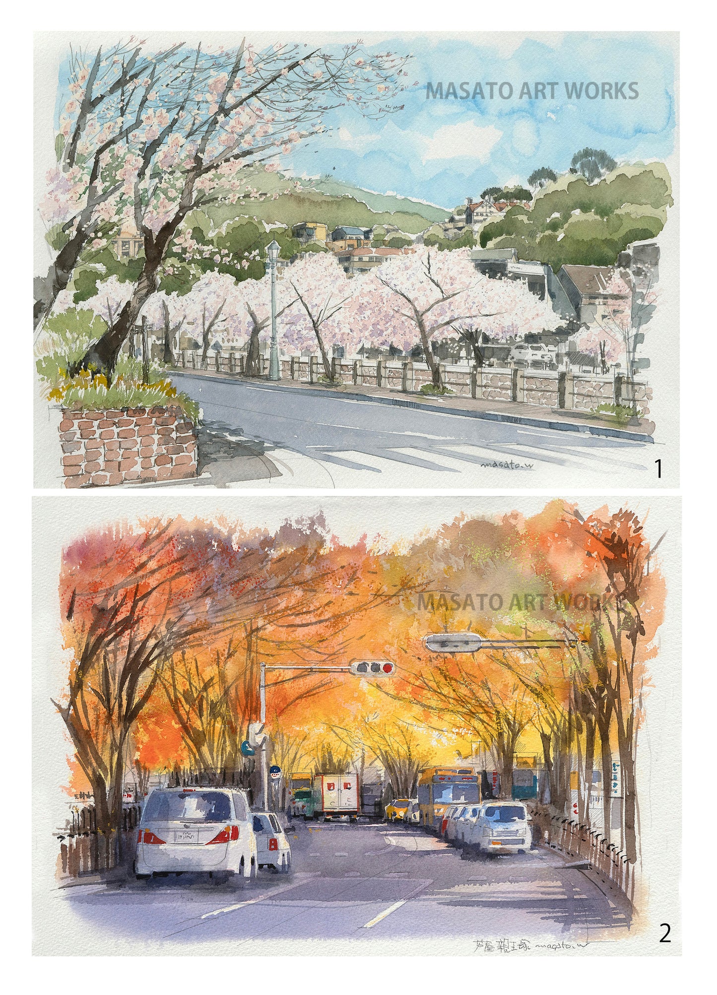15. Autumn leaves and cherry blossoms - watercolor sketch set of 2