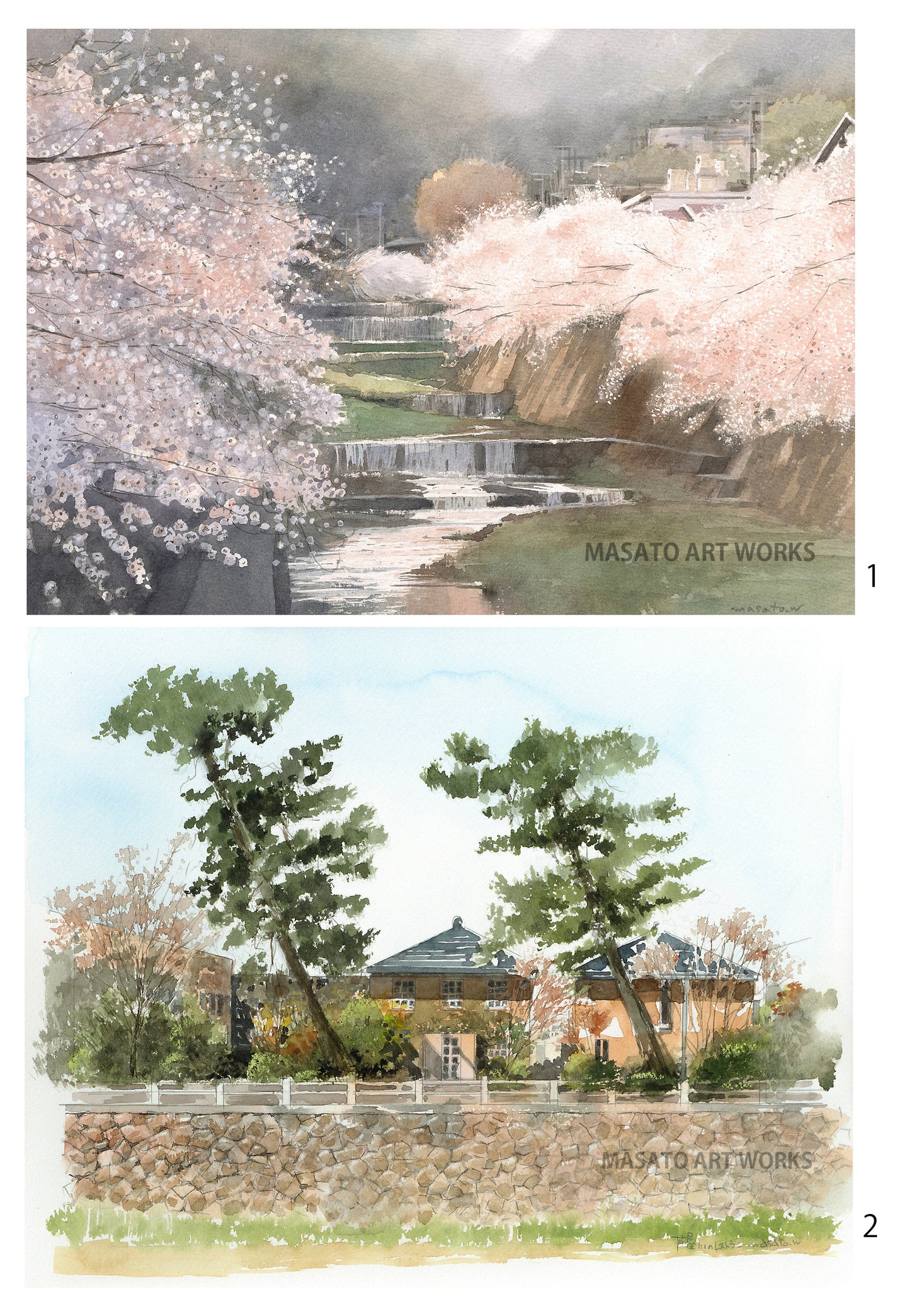 15. Bocetos junto al río: primavera y otoño, conjunto de 2 acuarelas