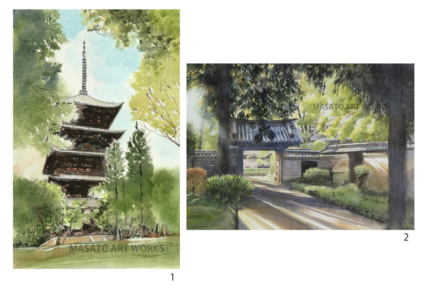 15.五重の塔と山門・水彩画2点セット