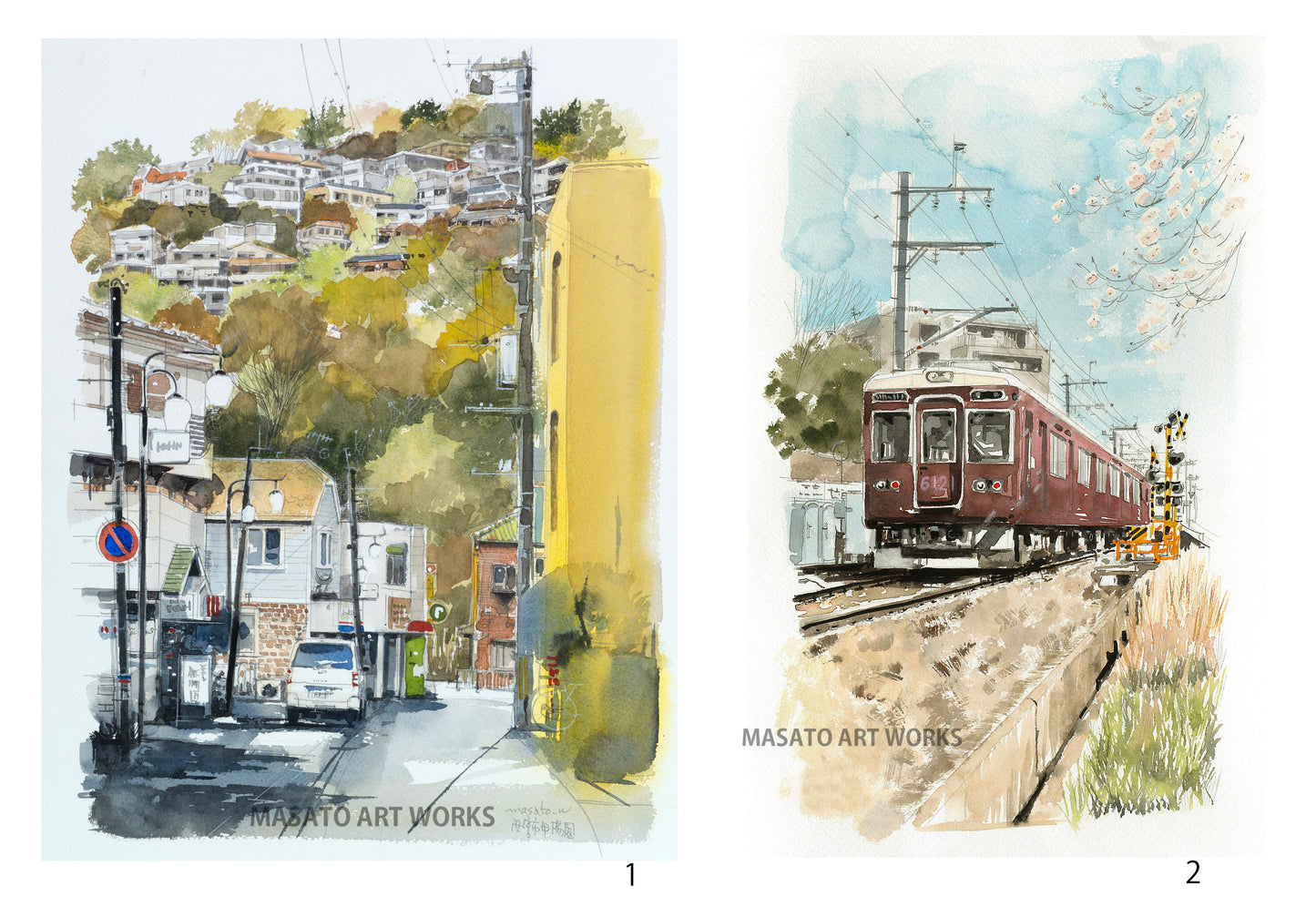 15. Two-piece set of scenery and watercolor paintings of the Hankyu Koyoen Line