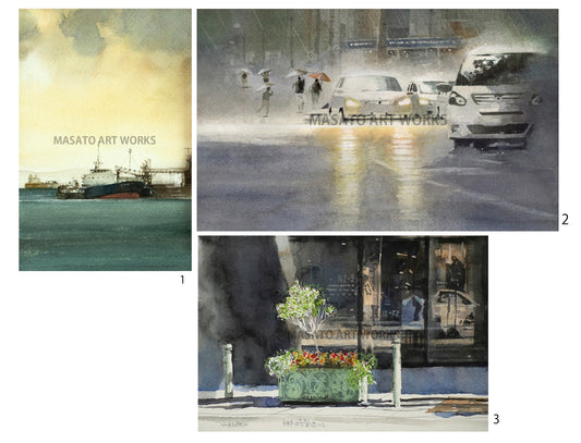 15. Puerto después de la lluvia, lluvia intermitente, corte de la antigua concesión de Kobe, conjunto de 3 acuarelas