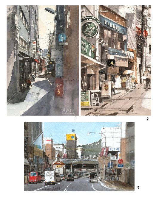 15. Cerca de Motomachi, Kobe · Set de 3 bocetos en acuarela