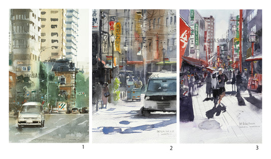 15. Conjunto de 3 bocetos en acuarela alrededor de Motomachi, Kobe