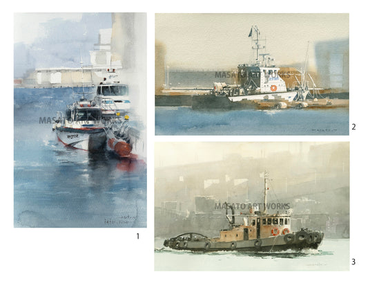 15.港の船・水彩画3点セット