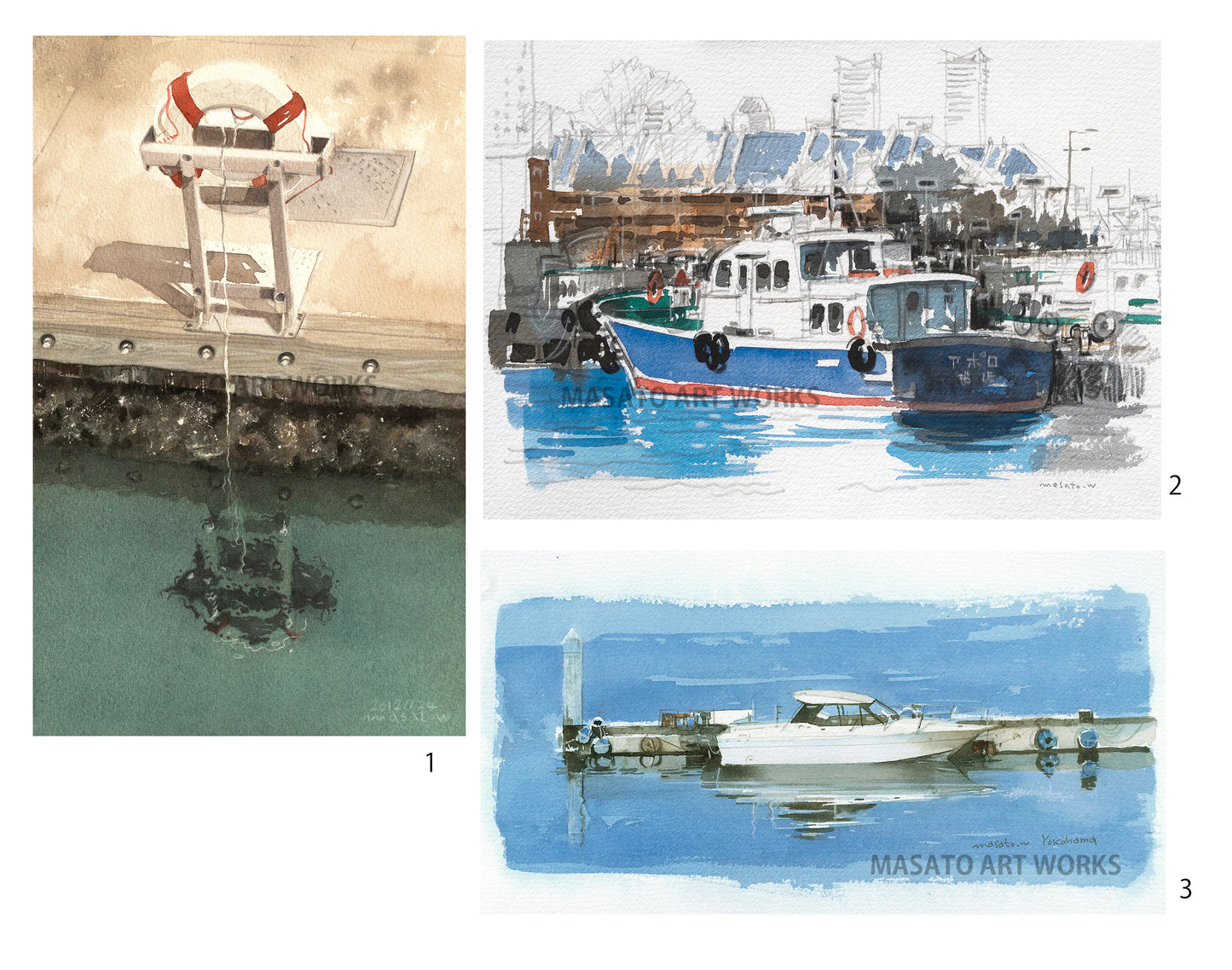 15. Yokohama Port Scenery - Set of 3 Watercolor Sketches