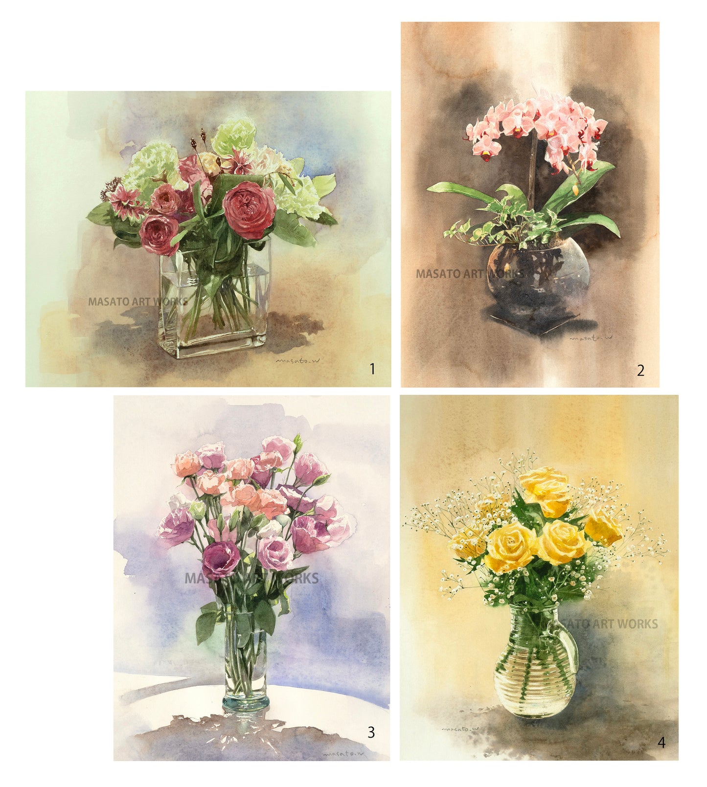 20.花とガラス器・水彩画4点セット
