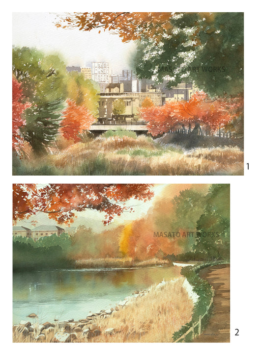 10. Autumn landscape watercolor painting set of 2