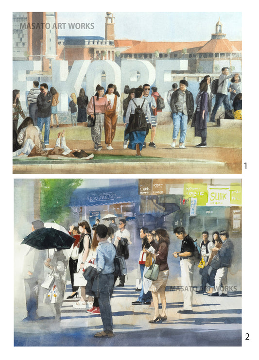 10. Around Kobe Meriken Park - Set of 2 Watercolor Paintings