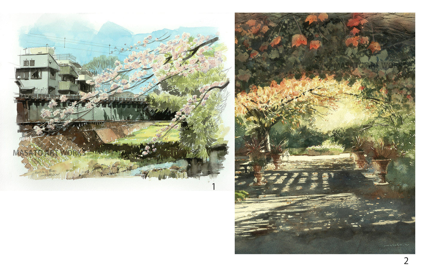 10. Conjunto de 2 bocetos de acuarela de primavera y otoño