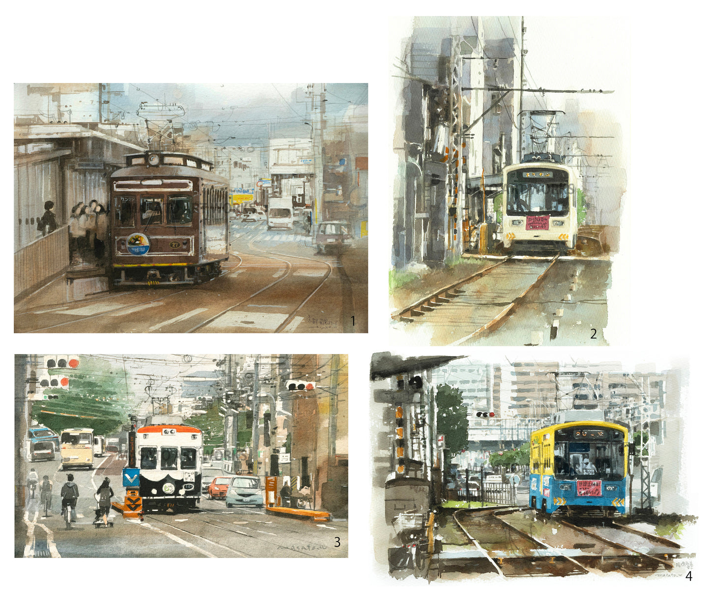 20. Set of 4 watercolor tramways