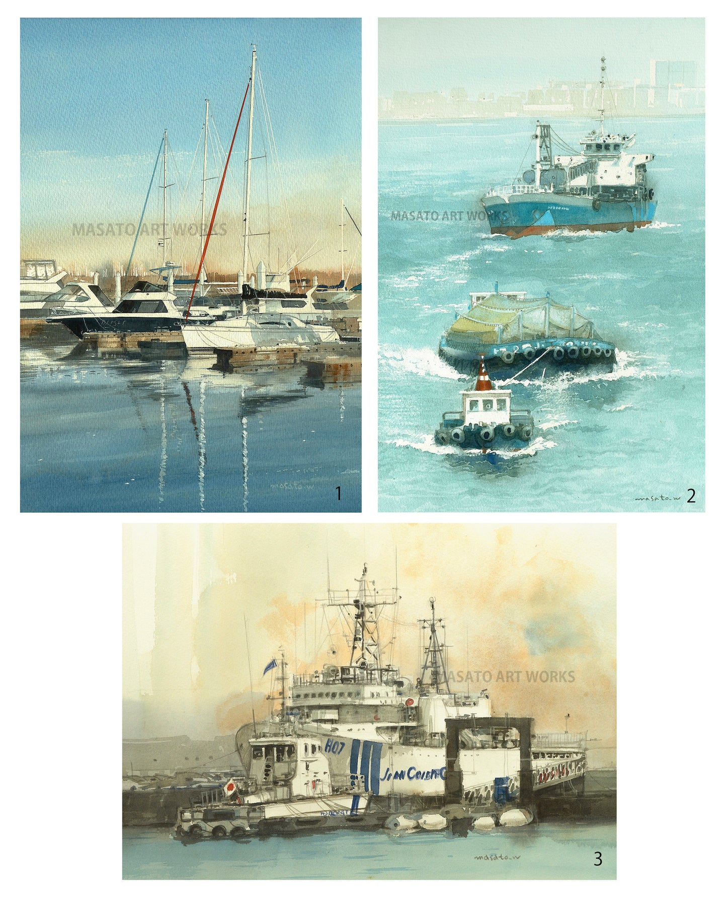 20. Conjunto de 3 acuarelas que representan el mar y el puerto.