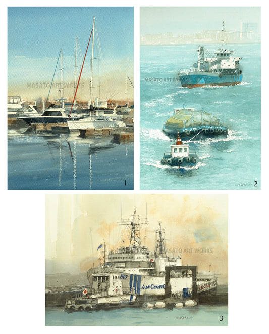 20. Conjunto de 3 acuarelas que representan el mar y el puerto.