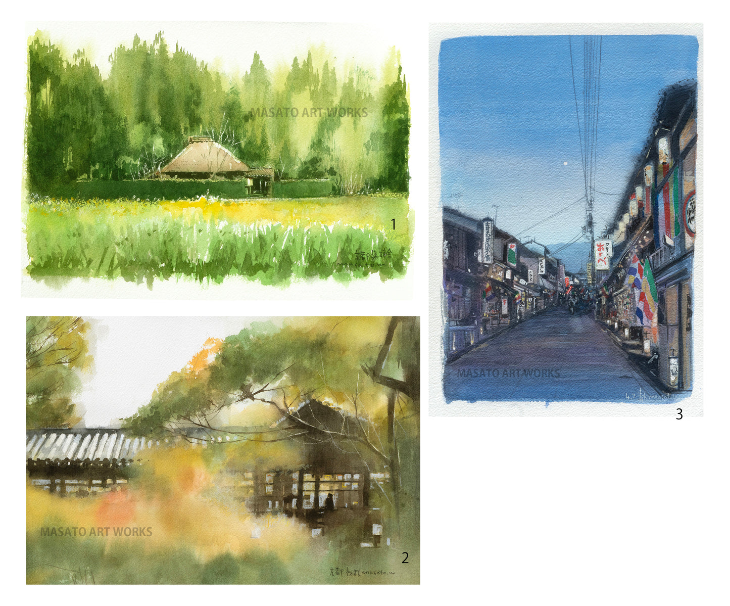 20. Kyoto Kiyomizu, Rakushisha, conjunto de 3 acuarelas de otoño