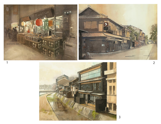 20.京都河原町・祇園・市場の水彩スケッチ3点セット
