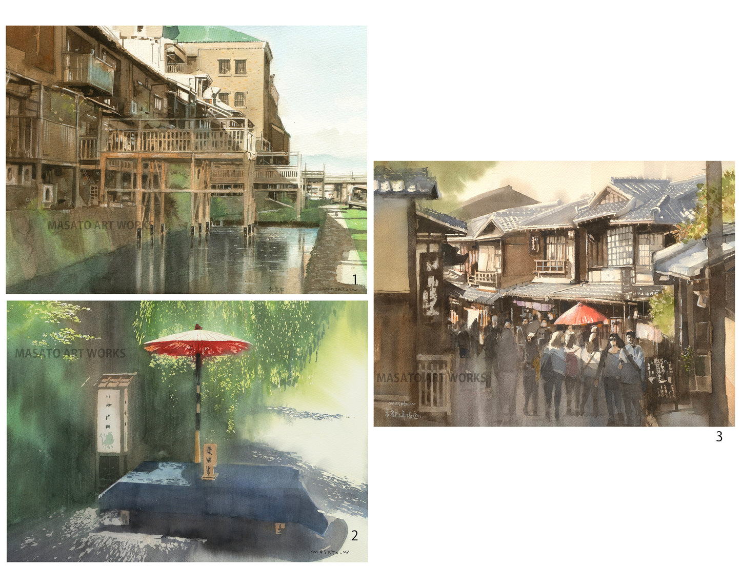 20.京都清水・鴨川・野点の水彩画3点セット