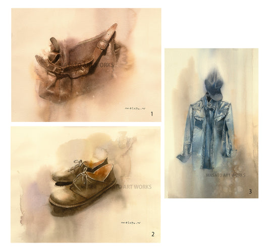 20. Conjunto de 3 acuarelas de bolso, zapatos y chaqueta