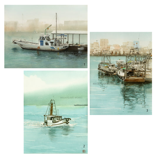 20. Conjunto de tres acuarelas que representan puertos pesqueros.