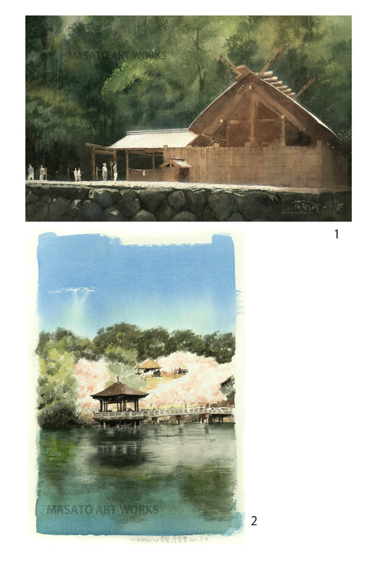 10. Nara Ukimido, Ise Jingu, Set of 2 Watercolor Paintings