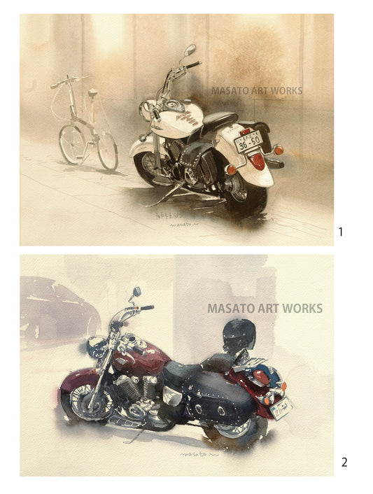 10. Set of 2 watercolor paintings of motorcycles