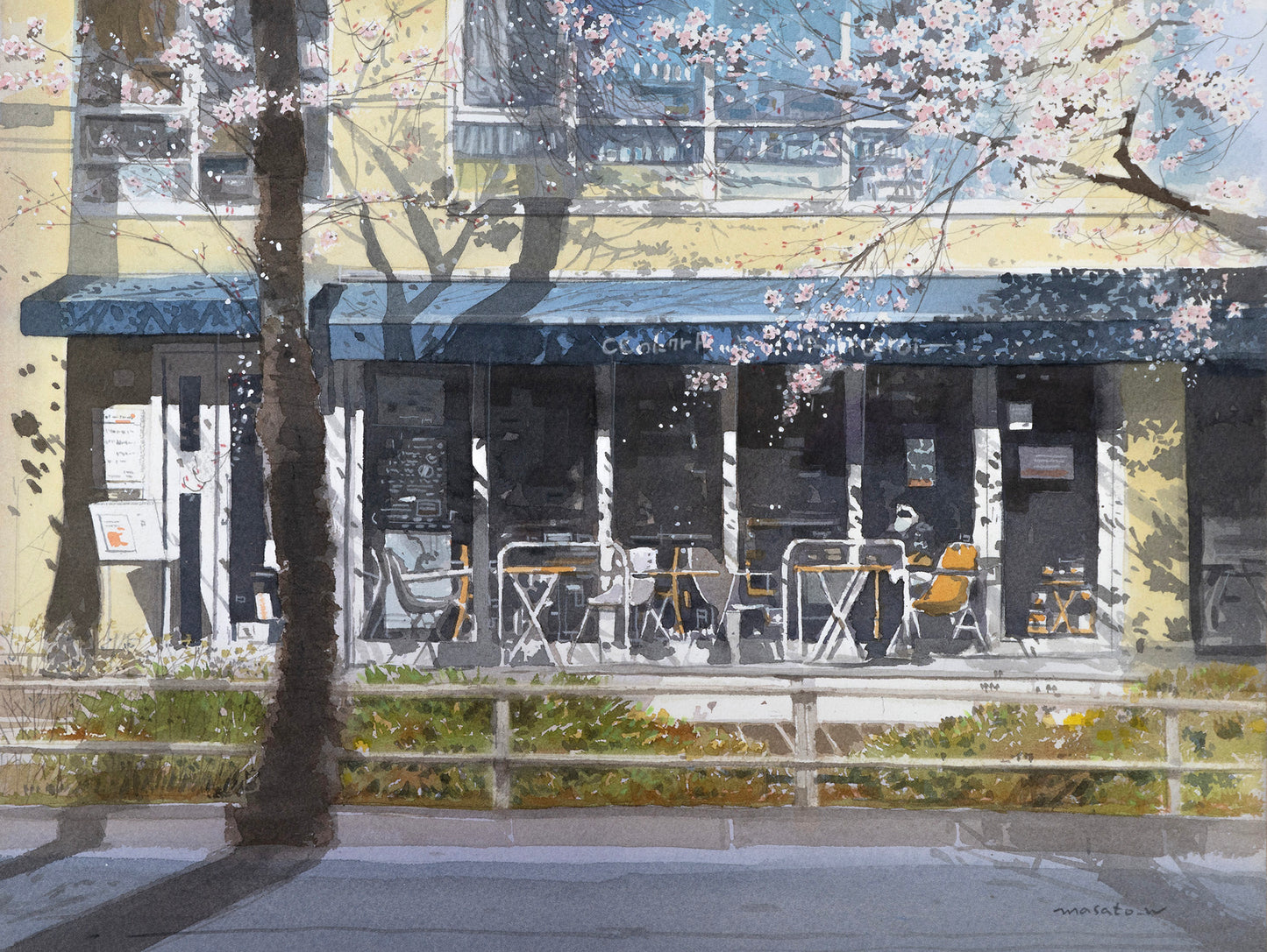 b-Sketch of cherry blossoms and cafe