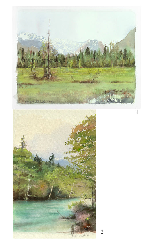10. Kamikochi Wetland, Azusa River, Set of 2 Watercolor Sketches