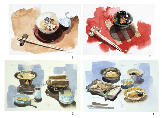 10. 和食・水彩スケッチ4点セット
