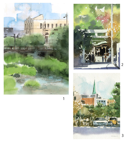10. 芦屋風景・水彩スケッチ3点セット