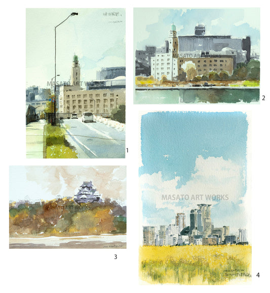 10. 横浜と大阪・水彩スケッチ4点セット