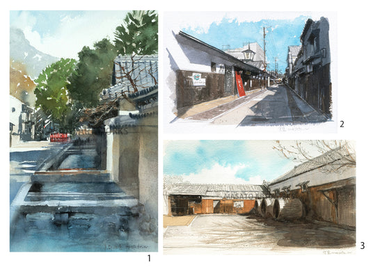 10. Conjunto de 3 bocetos en acuarela de Fushimi en Kioto y Kamigamo
