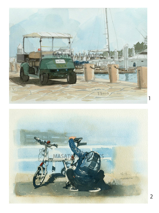 10. マリーナの風景・水彩スケッチ2点セット