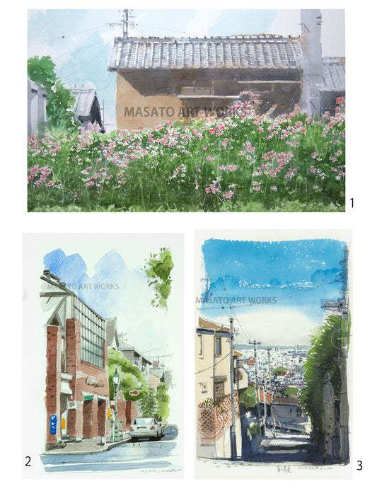 10. 散歩道の風景とローズガーデン・水彩スケッチ3点セット