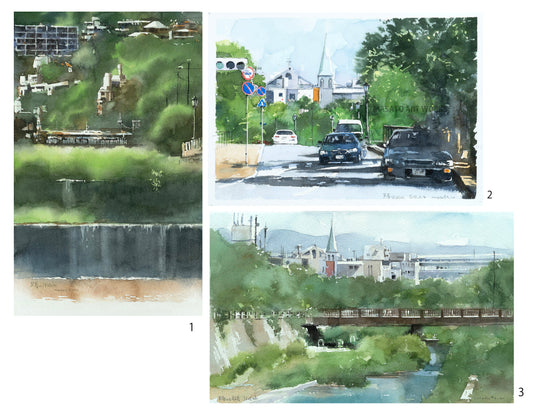 10. Ashiyagawa Deep Green Sketch · Set of 3 Watercolor Sketches