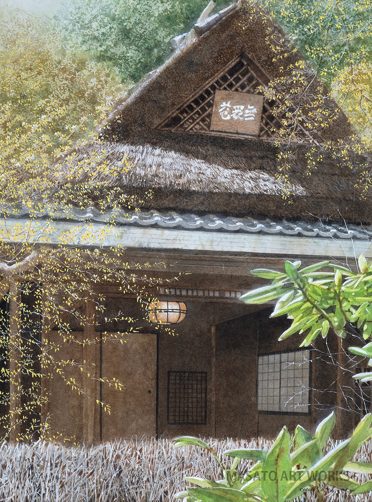 Camino del jardín, casa de té con techo de paja, Kioto