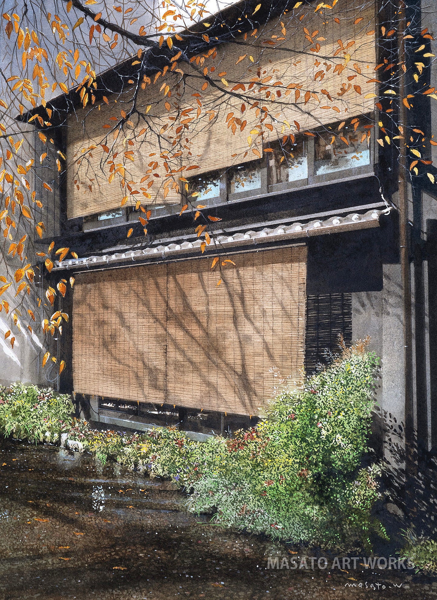 Persianas de casas adosadas de Kioto, luz de finales de otoño